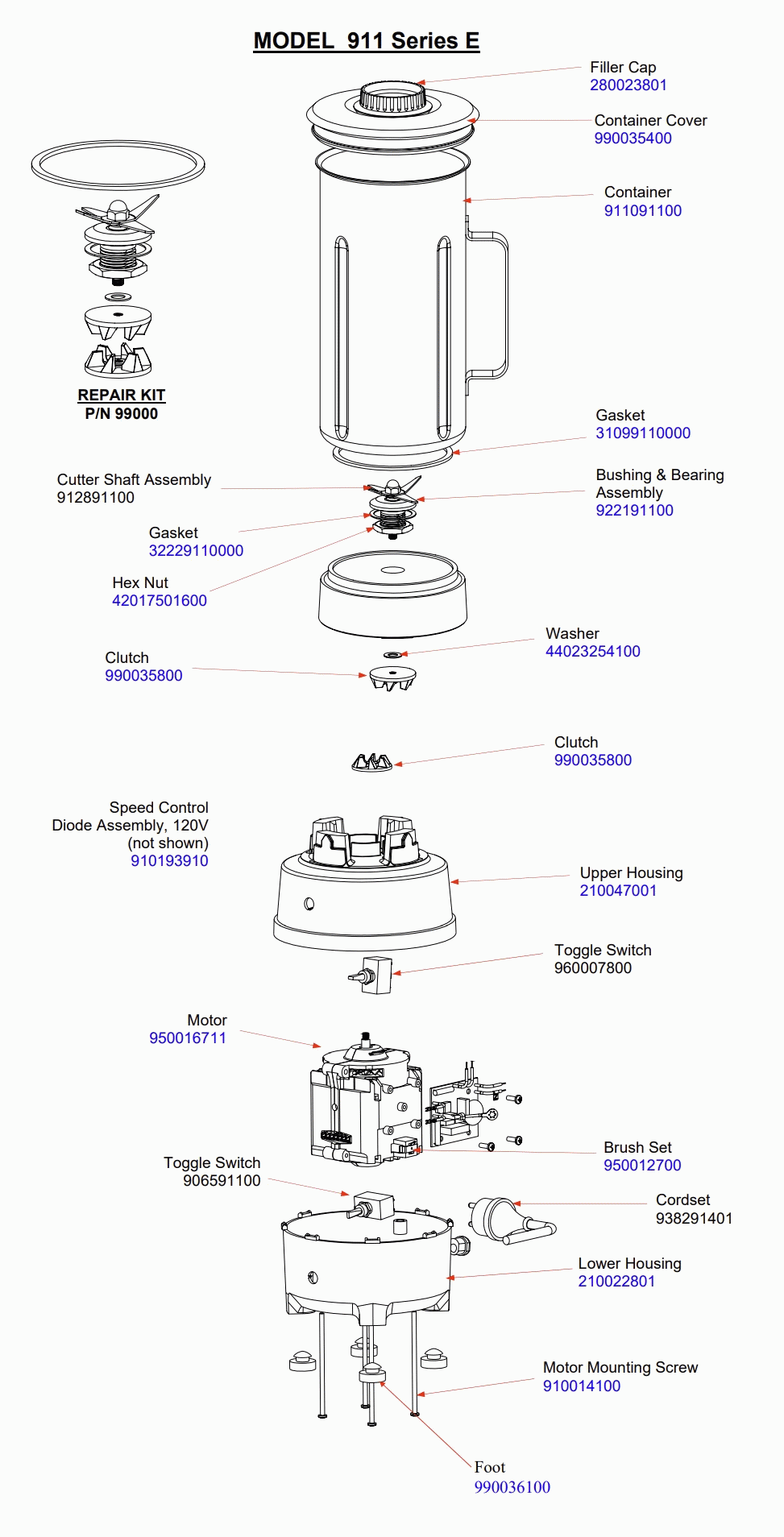 Diagram Diagram and Parts List for 911-E  Hamilton Beach Blender